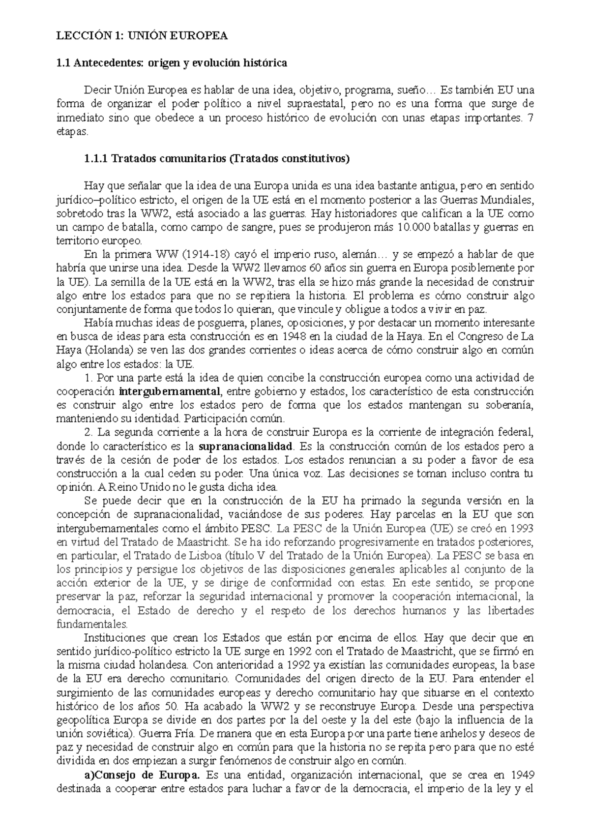 Derecho DE LA Union Europea - LECCIÓN 1: UNIÓN EUROPEA 1 Antecedentes ...