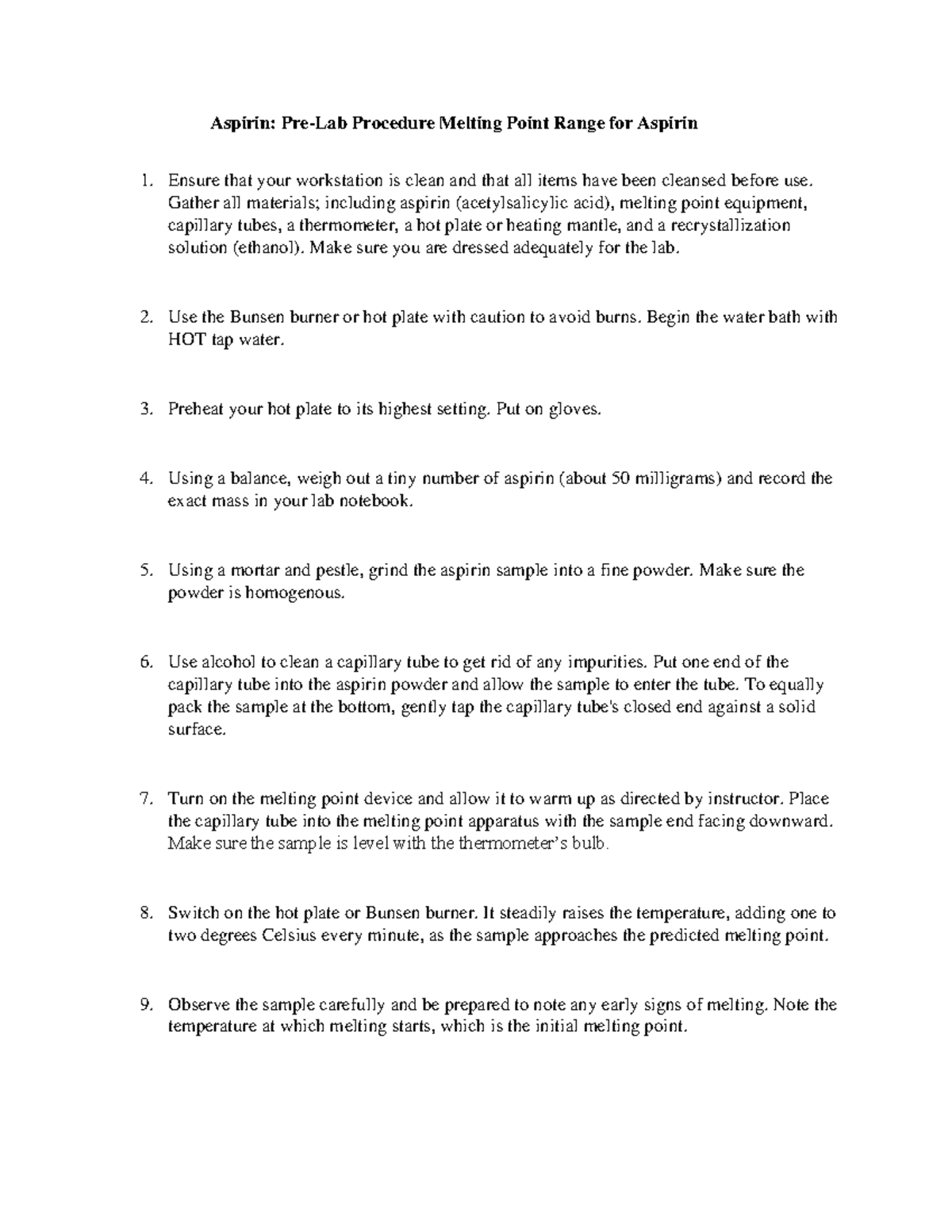 Aspirin Pre-Lab Procedure Melting Point Range for Aspirin (1) - Aspirin ...