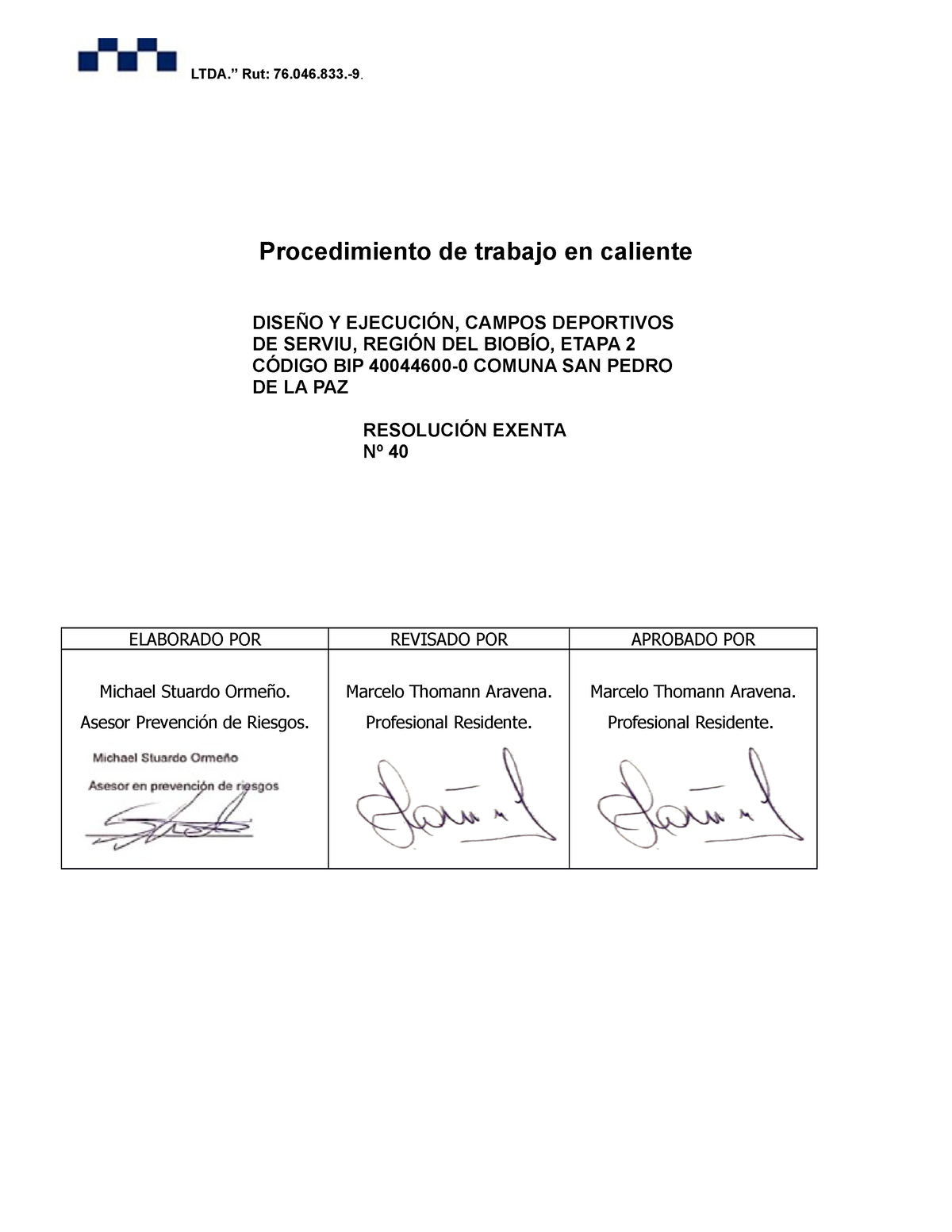 Procedimiento Trabajo En Caliente - LTDA.” Rut: 76.046.-9 ...