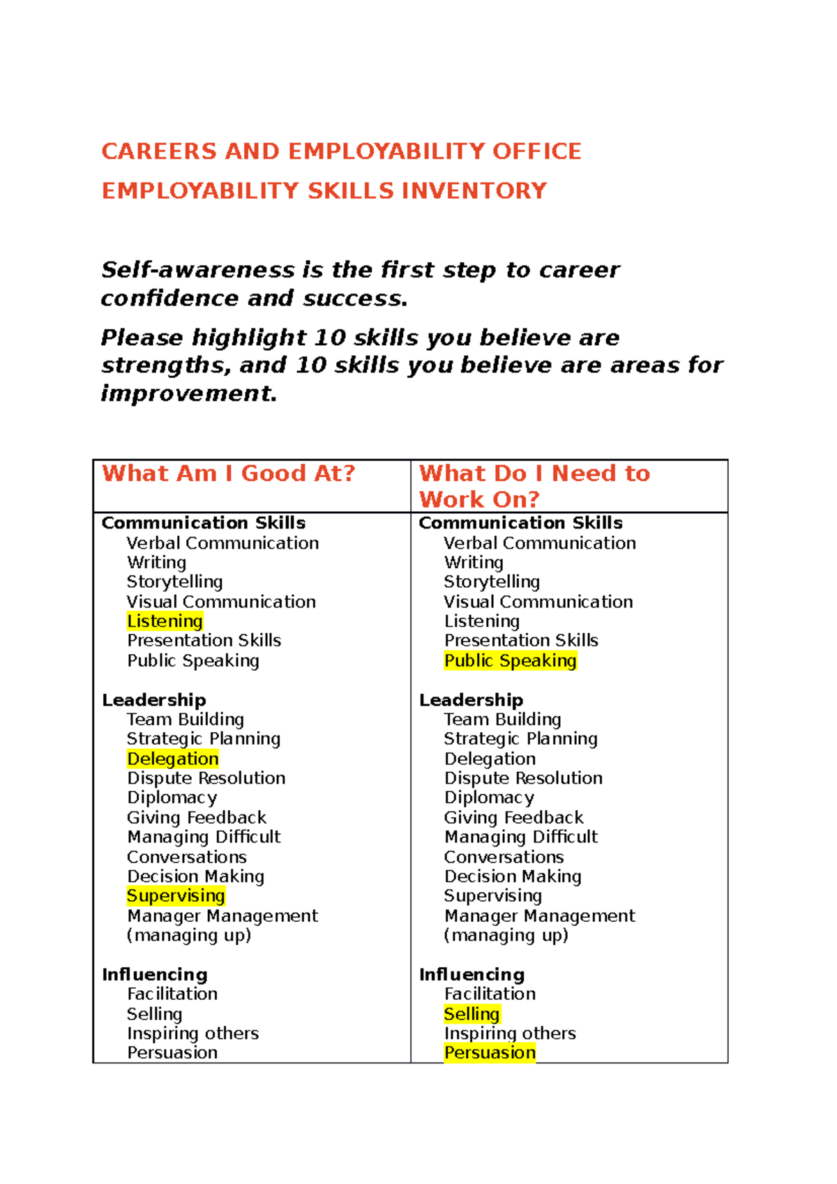 IPP Skills Inventory - CAREERS AND EMPLOYABILITY OFFICE EMPLOYABILITY ...