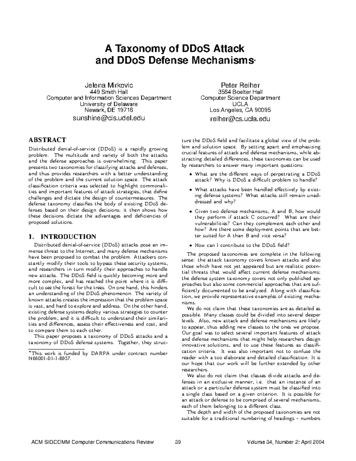 DDos Smirkovic letcure nte - A Taxonomy of DDoS Attack and DDoS Defense ...