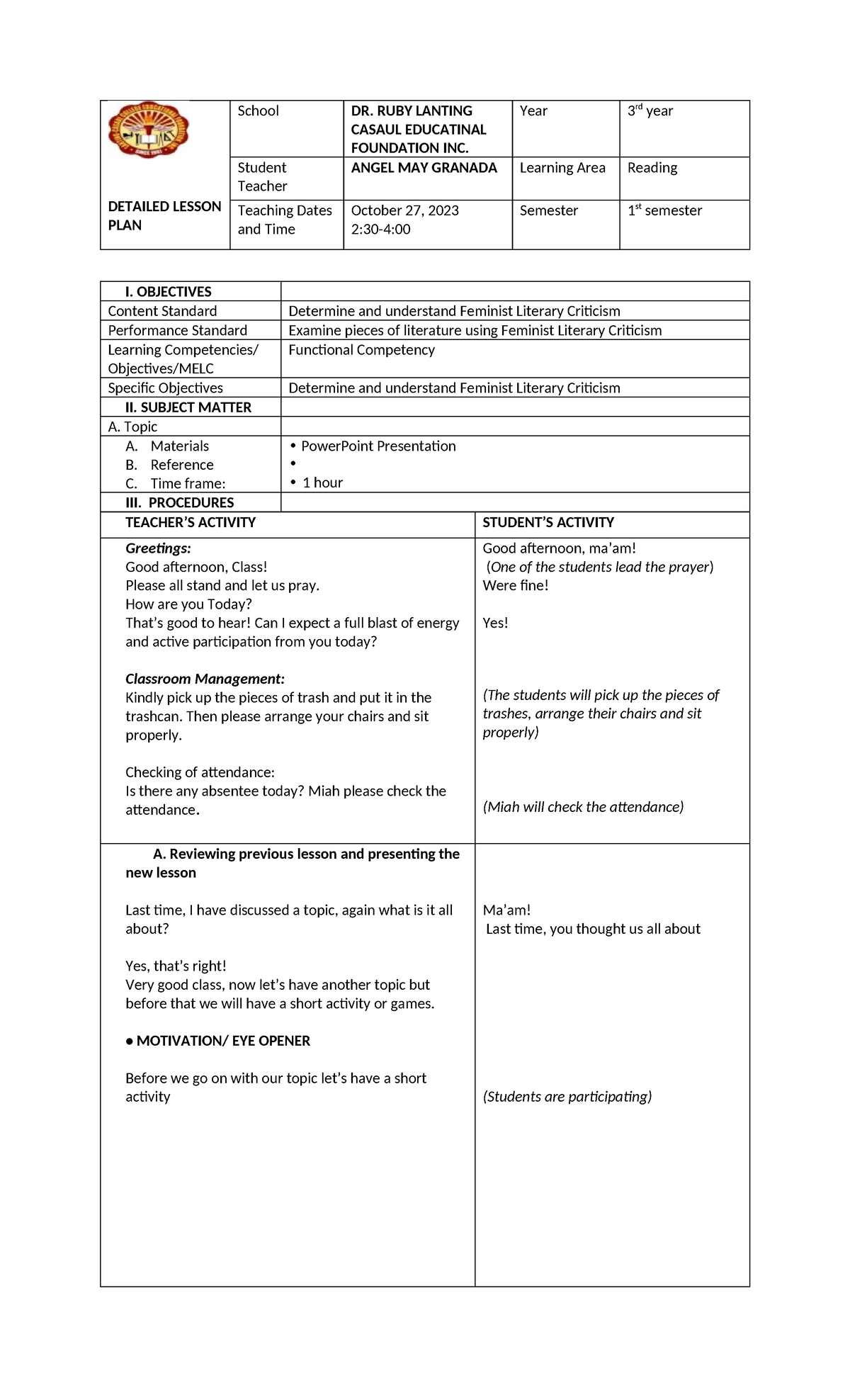 Lesson plan mythology 12 - DETAILED LESSON PLAN School DR. RUBY LANTING ...