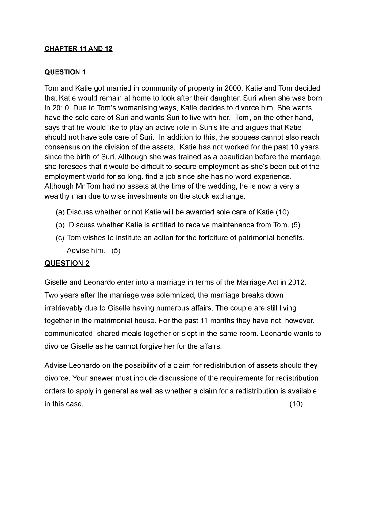 CH 11 12 SELF Assessment Questions CHAPTER 11 AND 12 QUESTION 1 Tom