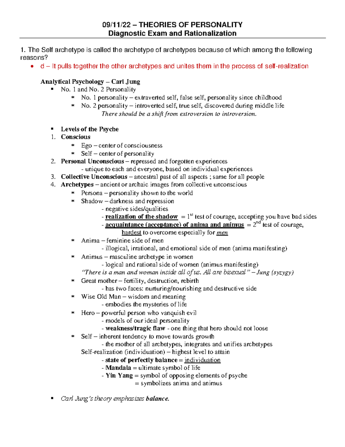 Theories of Personality Diagnostic Exam Questions and Rationalization