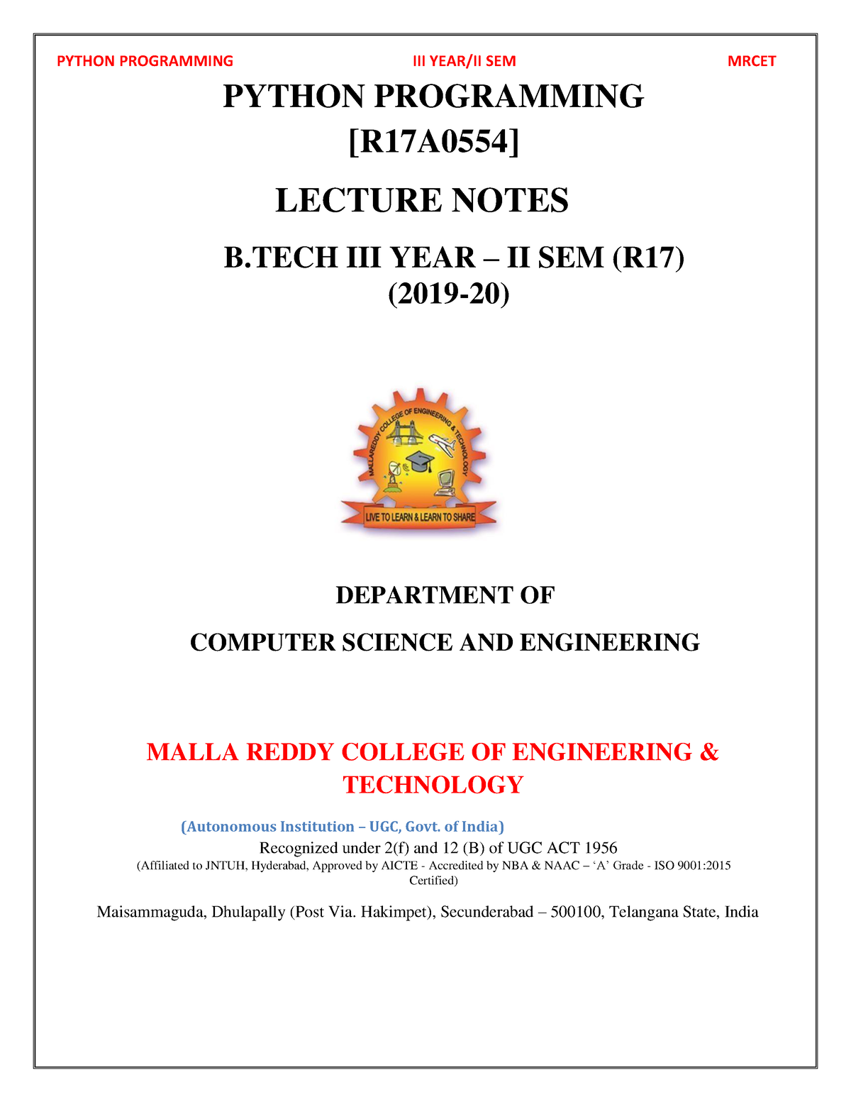 Python Programming Notes - PYTHON PROGRAMMING [R17A0554] LECTURE NOTES ...