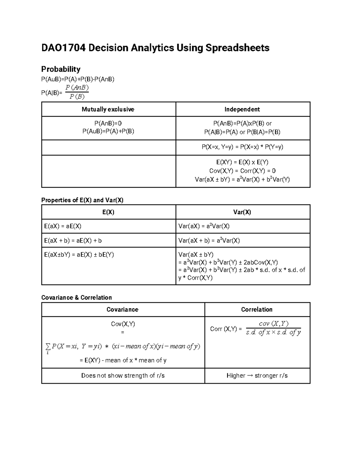 DAO1704 Decision Analytics Using Spreadsheets Notes - DAO1704 Decision ...