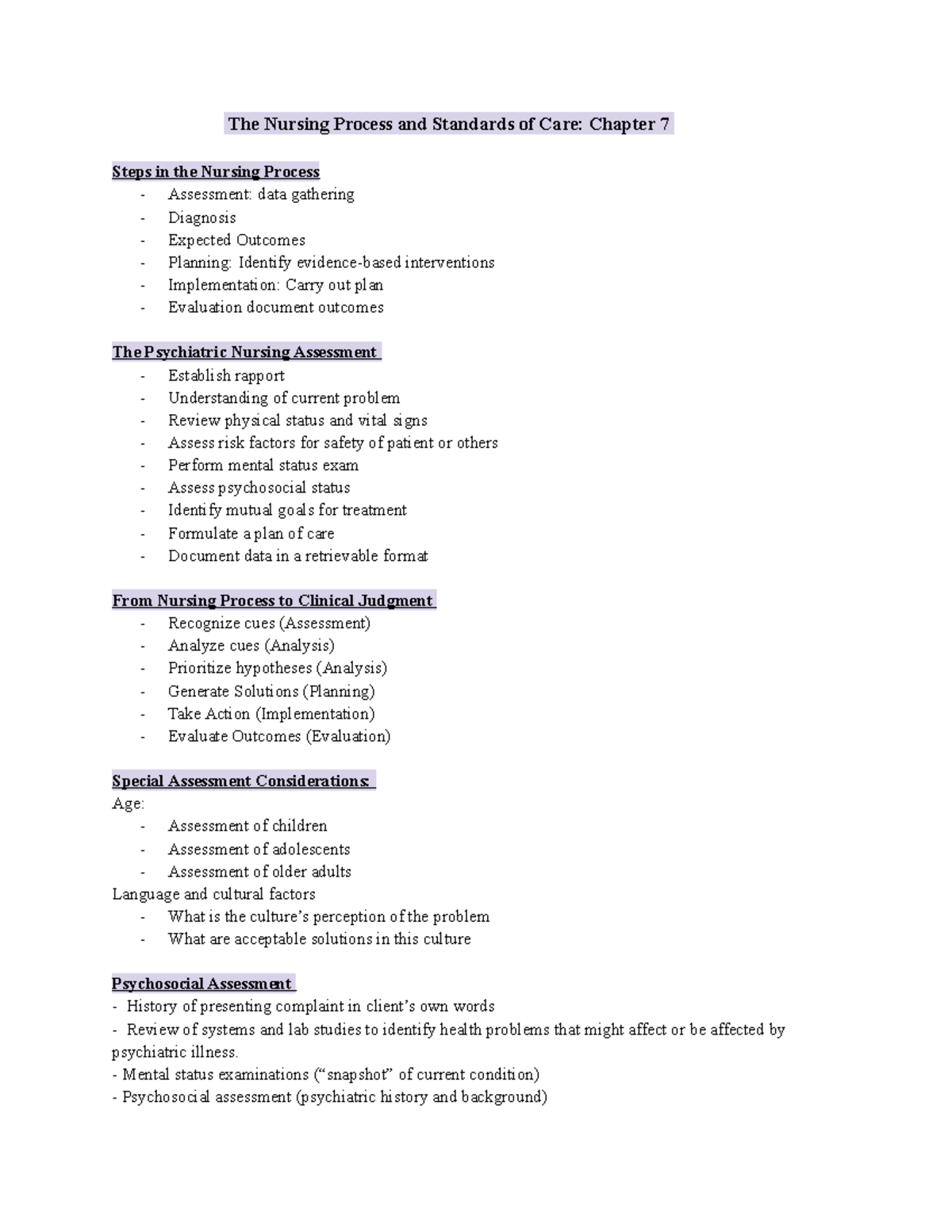 Psych Chapter 7 - The Nursing Process and Standards of Care: Chapter 7 ...