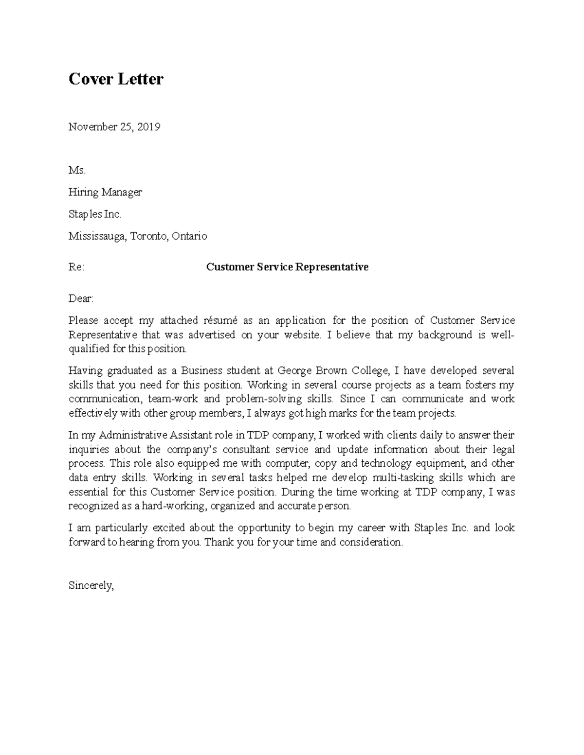 Cover letter - Cover Letter November 25, 2019 Ms. Hiring Manager ...