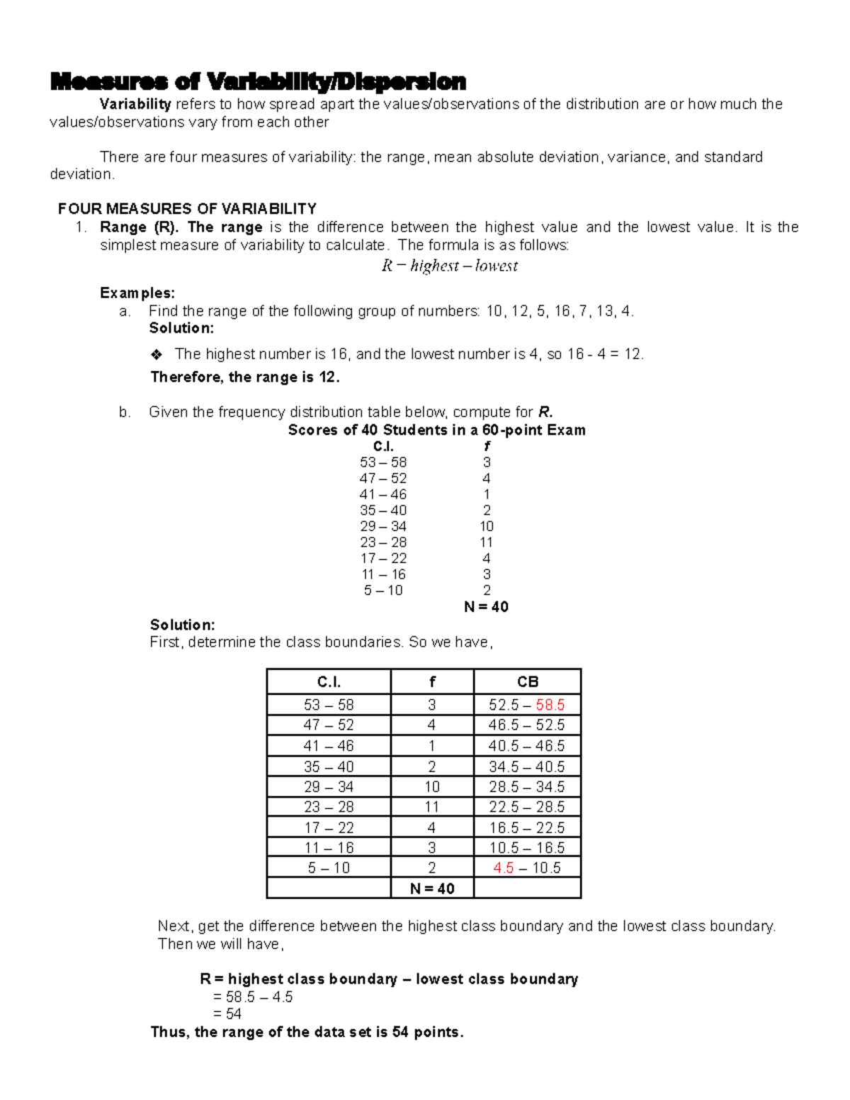Notes IN GE 8 (MMW) - Measures OF Variability - Measures of Variability ...