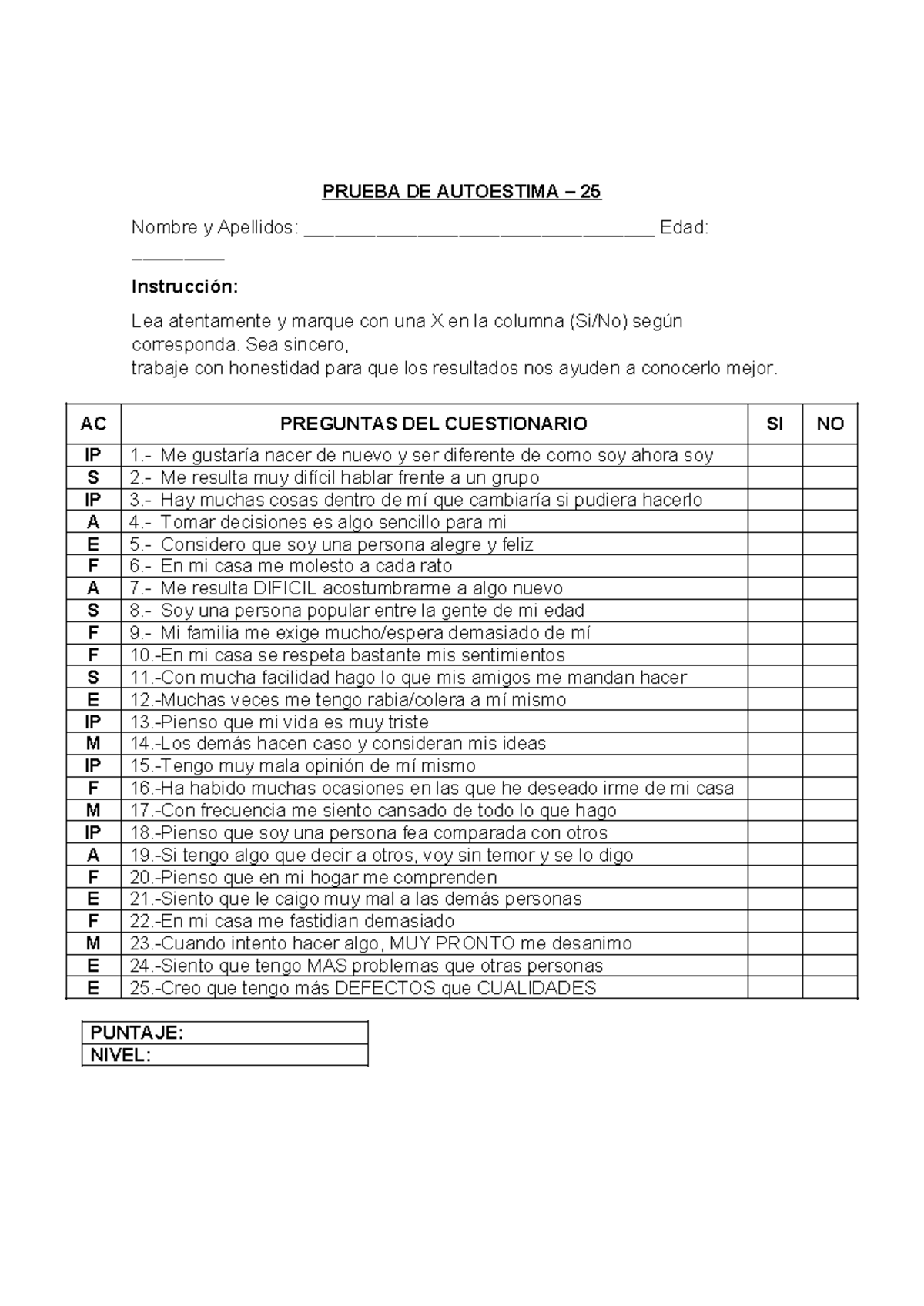 Prueba DE Autoestima - Original - PRUEBA DE AUTOESTIMA – 25 Nombre y ...