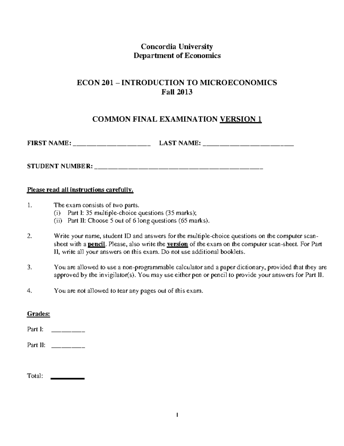 Final Exam, Questions - Concordia University Department Of Economics ...