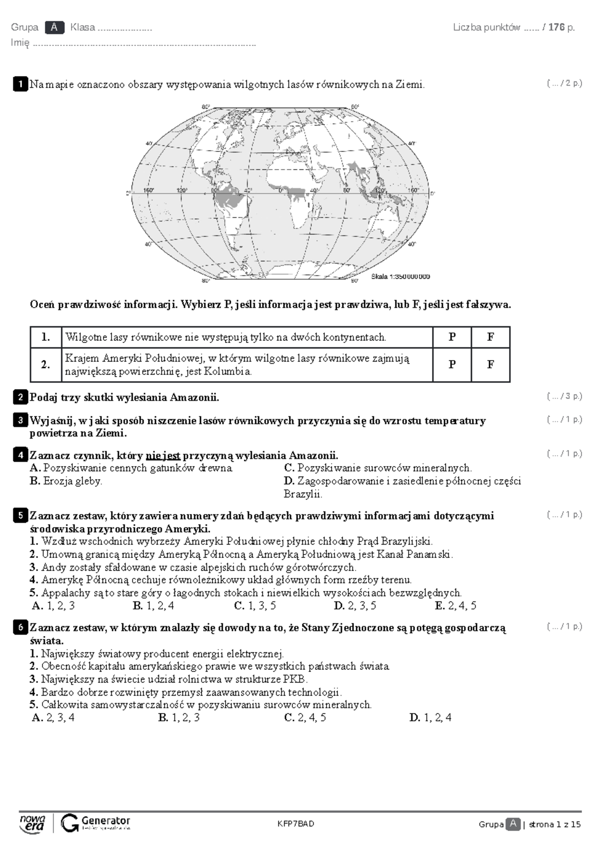 Ameryki 8 Test (z widoczną punktacją) - Grupa A Klasa
