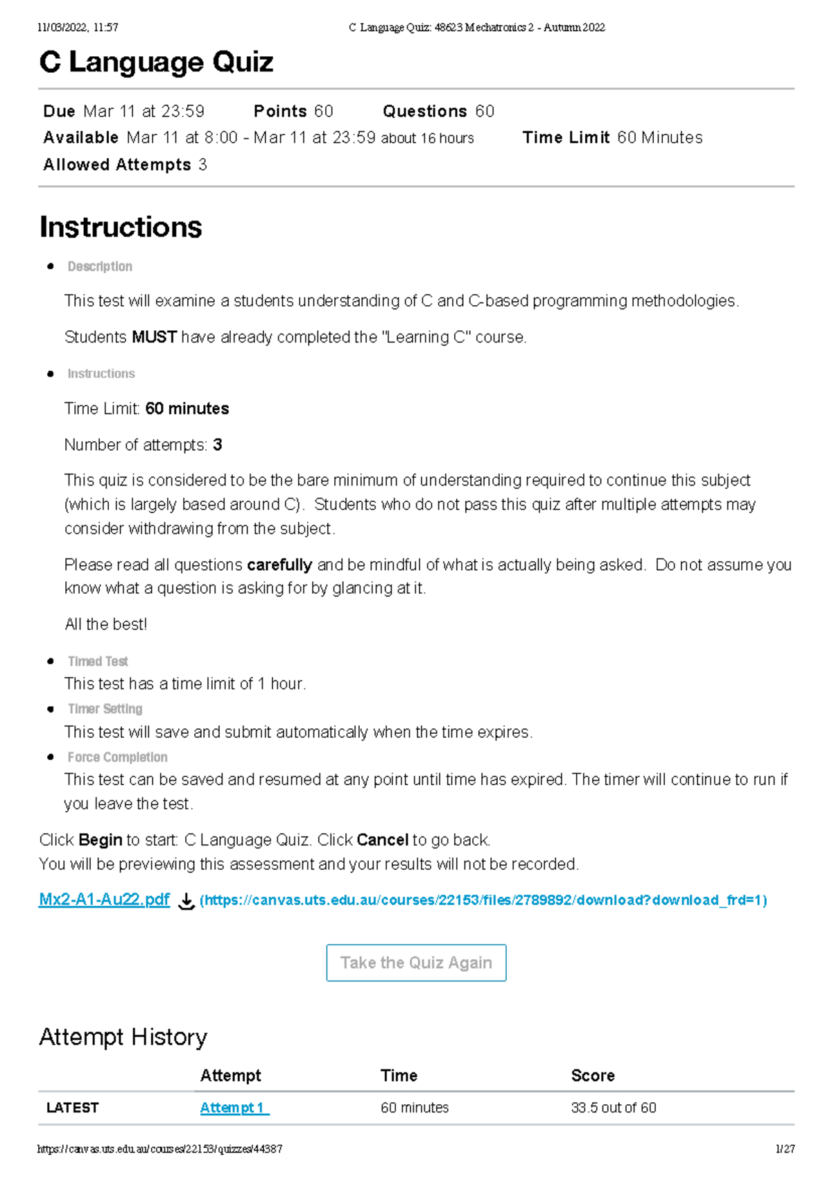C Language Quiz 48623 Mechatronics 2 - Autumn 2022 - C Language Quiz ...