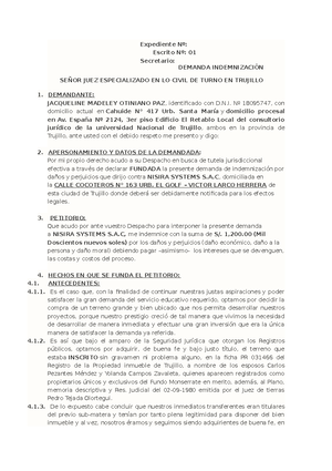 Modelo Demanda DE Indenminazacion POR DAÑO Moral - Expediente Nº: Escrito  Nº: 01 Secretario: - Studocu