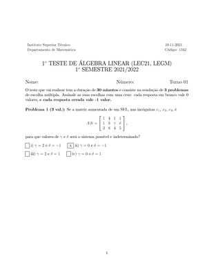 Ficha De Trabalho 6 - Álgebra Linear- 1 O Semestre 2018/ Cursos: LEIC-A ...