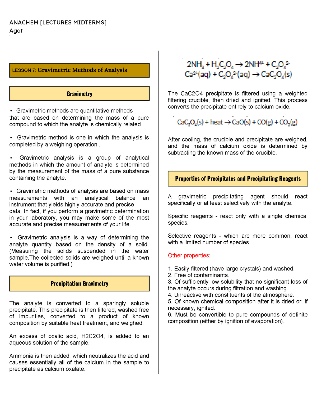 Anachem [ Lectures Midterms] - Agot LESSON 7: Gravimetric Methods of ...