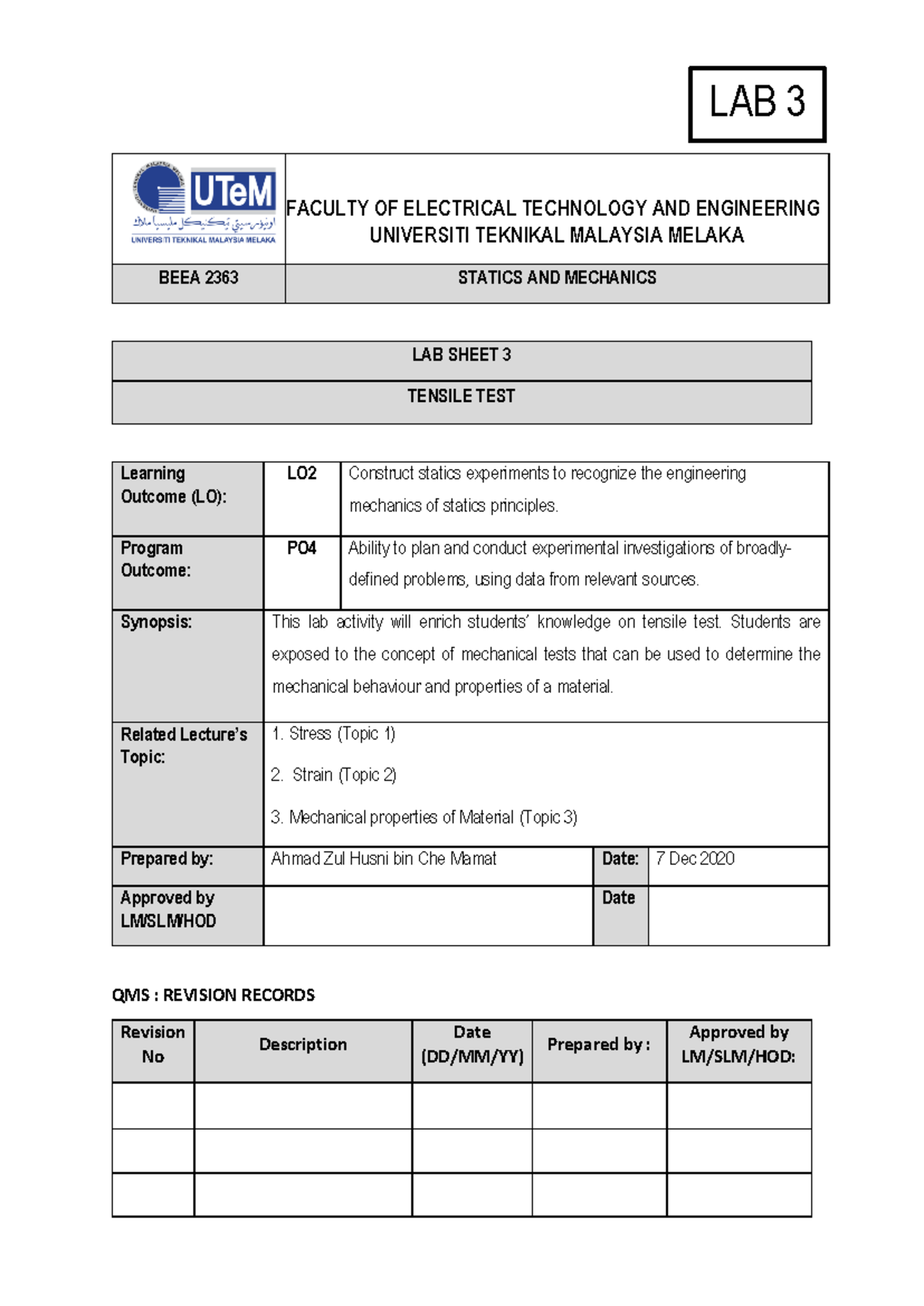 Lab 3 Tensile Test - Hope can help u - FACULTY OF ELECTRICAL TECHNOLOGY ...