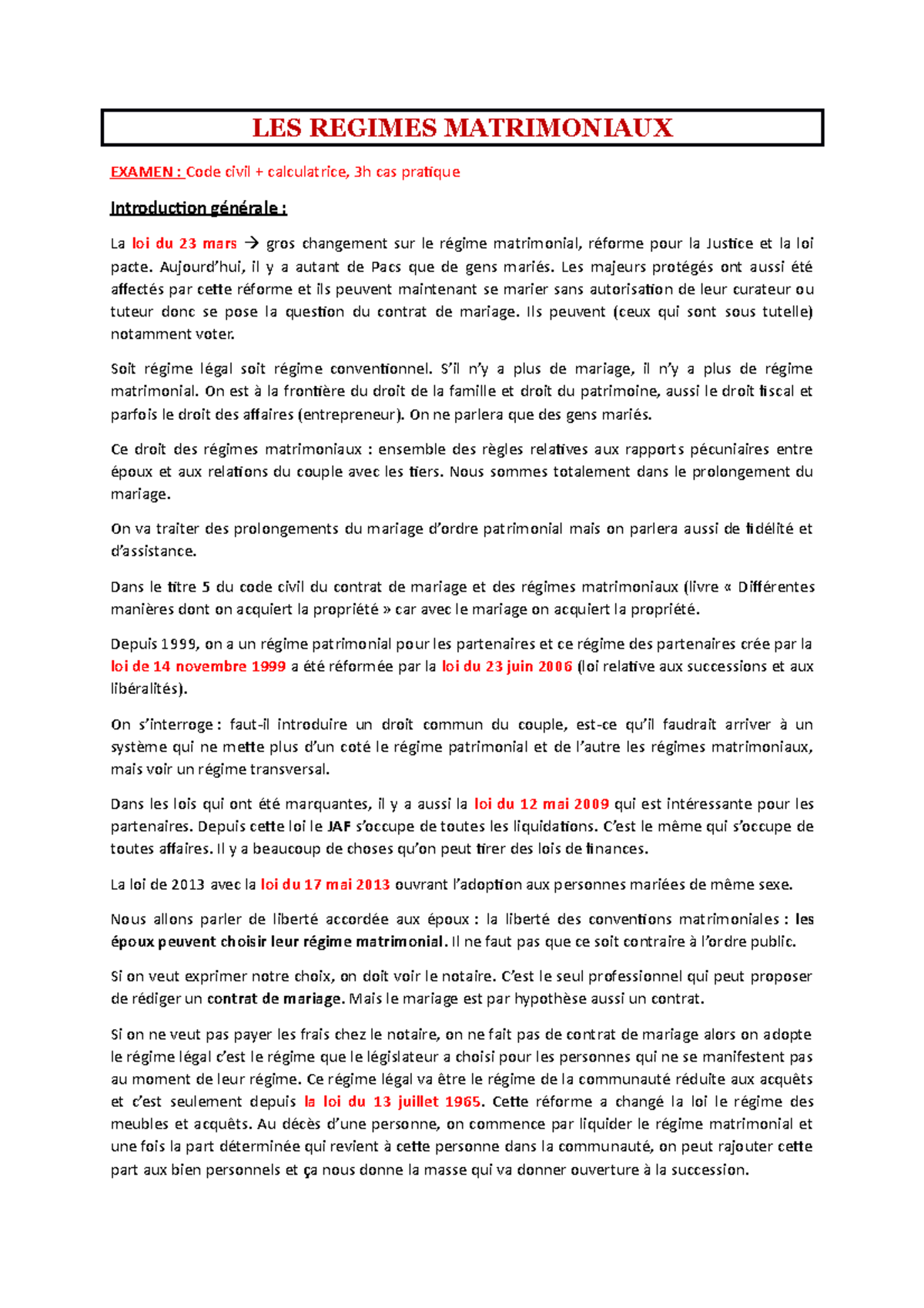 Régimes matrimoniaux LES REGIMES MATRIMONIAUX EXAMEN Code civil