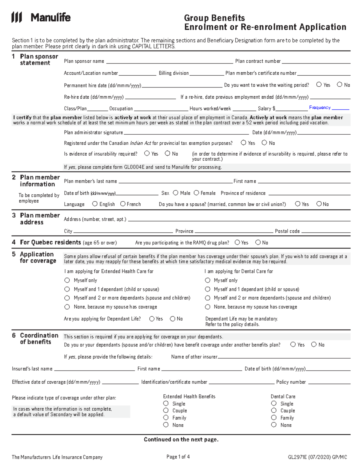 Manulife enrolment form - Group Benefits Enrolment or Re-enrolment ...