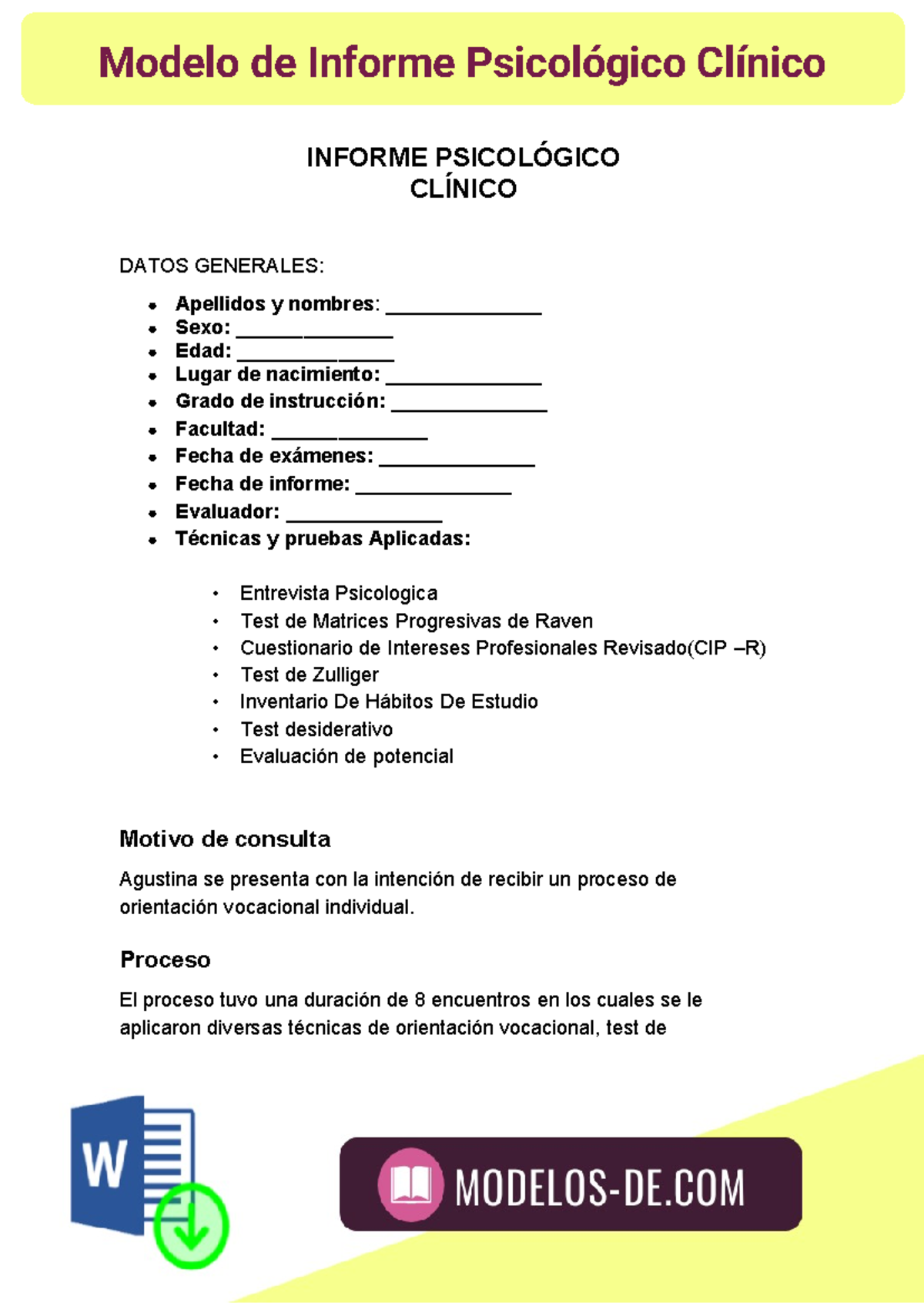 Steeets - frfrf - INFORME PSICOLÓGICO CLÍNICO DATOS GENERALES ...