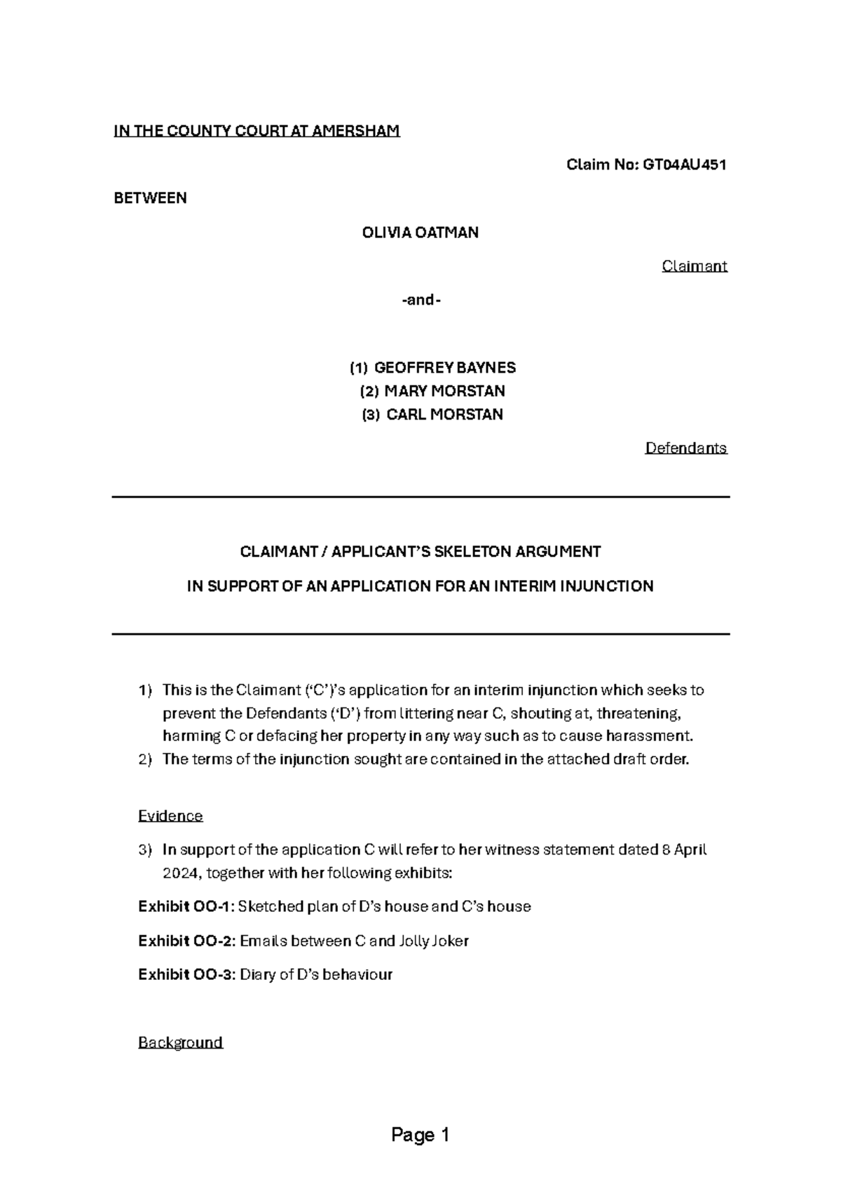 Skeleton argument - IN THE COUNTY COURT AT AMERSHAM Claim No: GT04AU ...