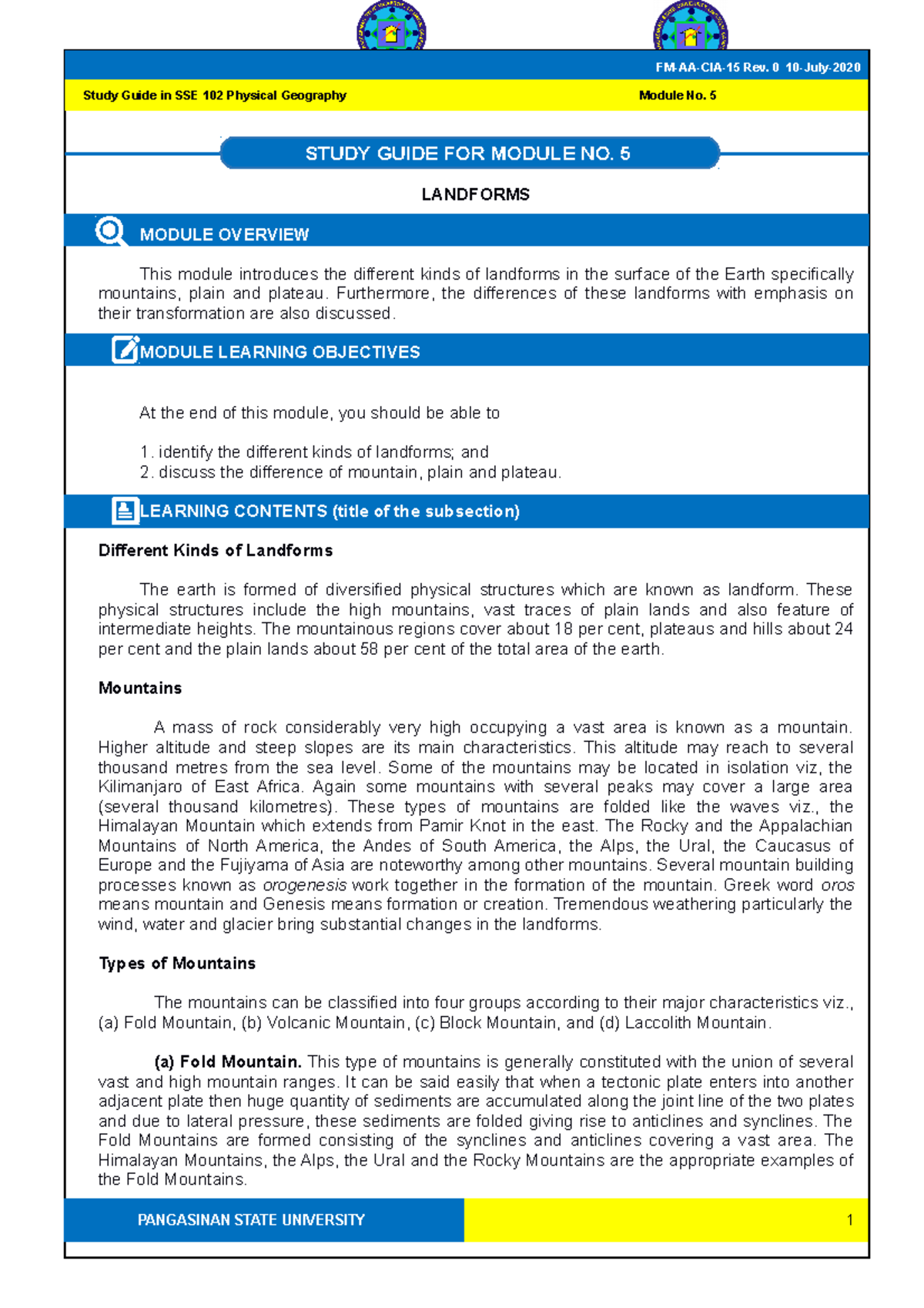 sse 102 Module 5 (geography) - LANDFORMS MODULE OVERVIEW This module ...