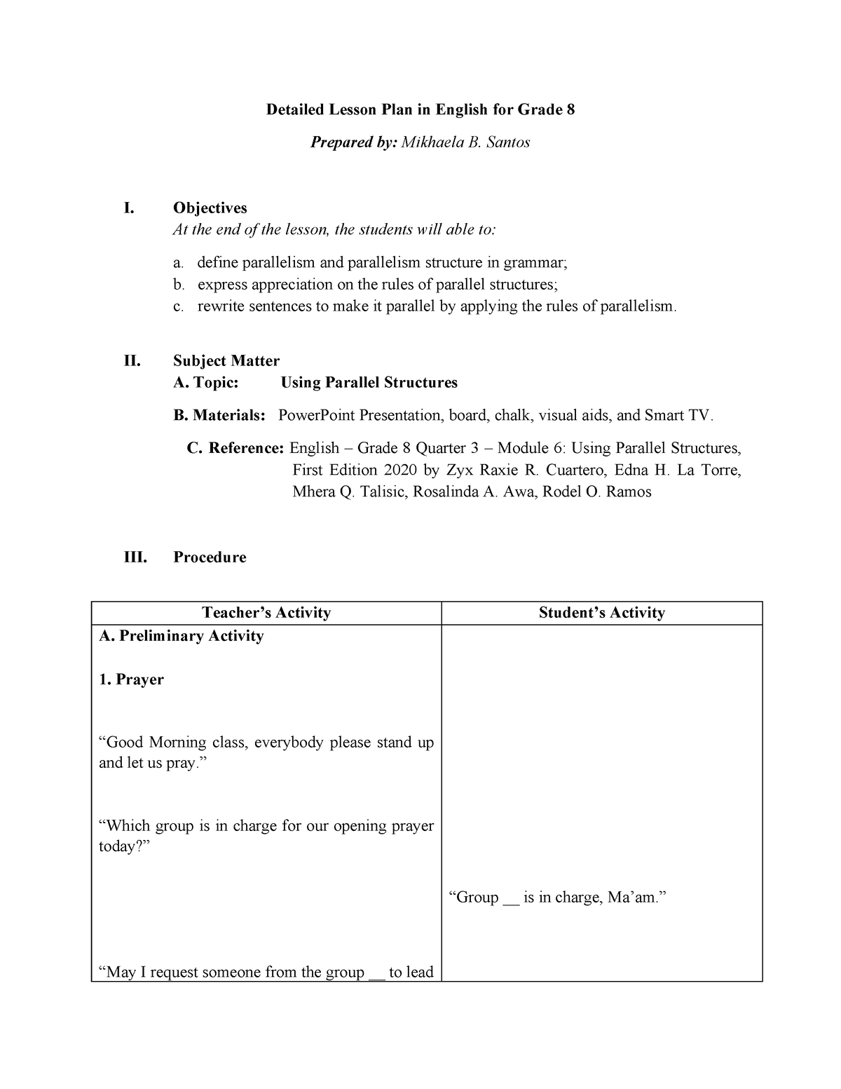 For Print Parallelism DLP - Detailed Lesson Plan In English For Grade 8 ...