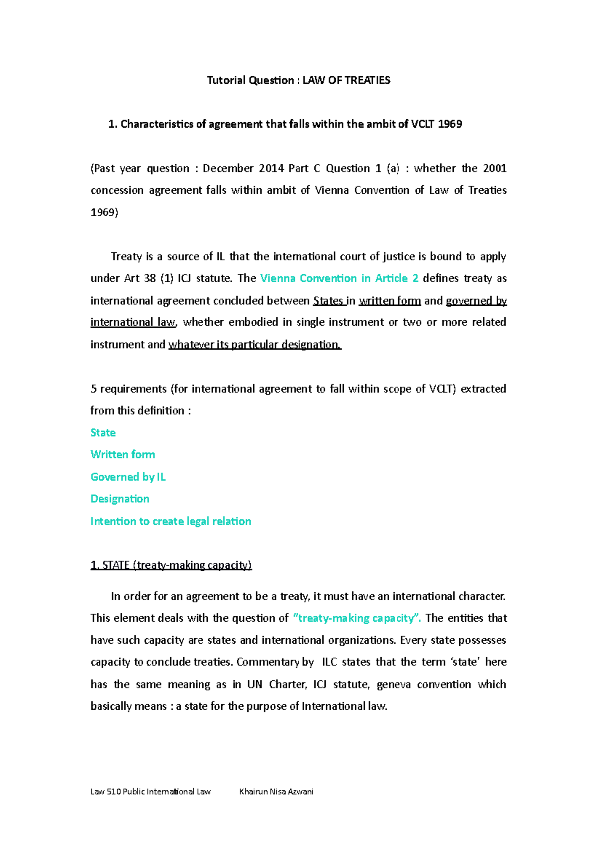 LAW OF Treaties Tuto Question And Notes - Tutorial Question : LAW OF ...