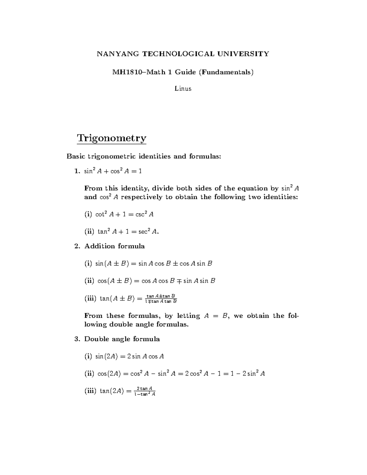 MH1810 Math 1 Guide Fundamentals - MH1810–Math 1 Guide (Fundamentals ...