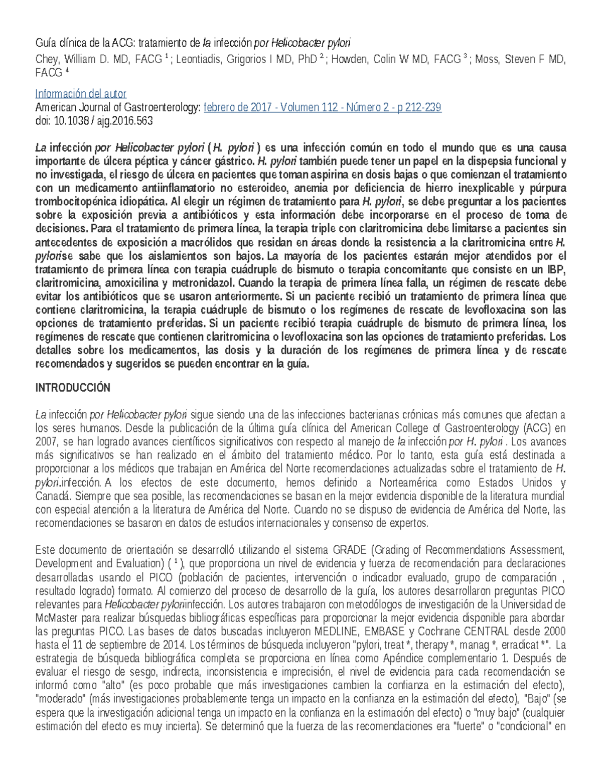 ACG Clinical Guideline- Treatment of Helicobacter pylori Infection ...