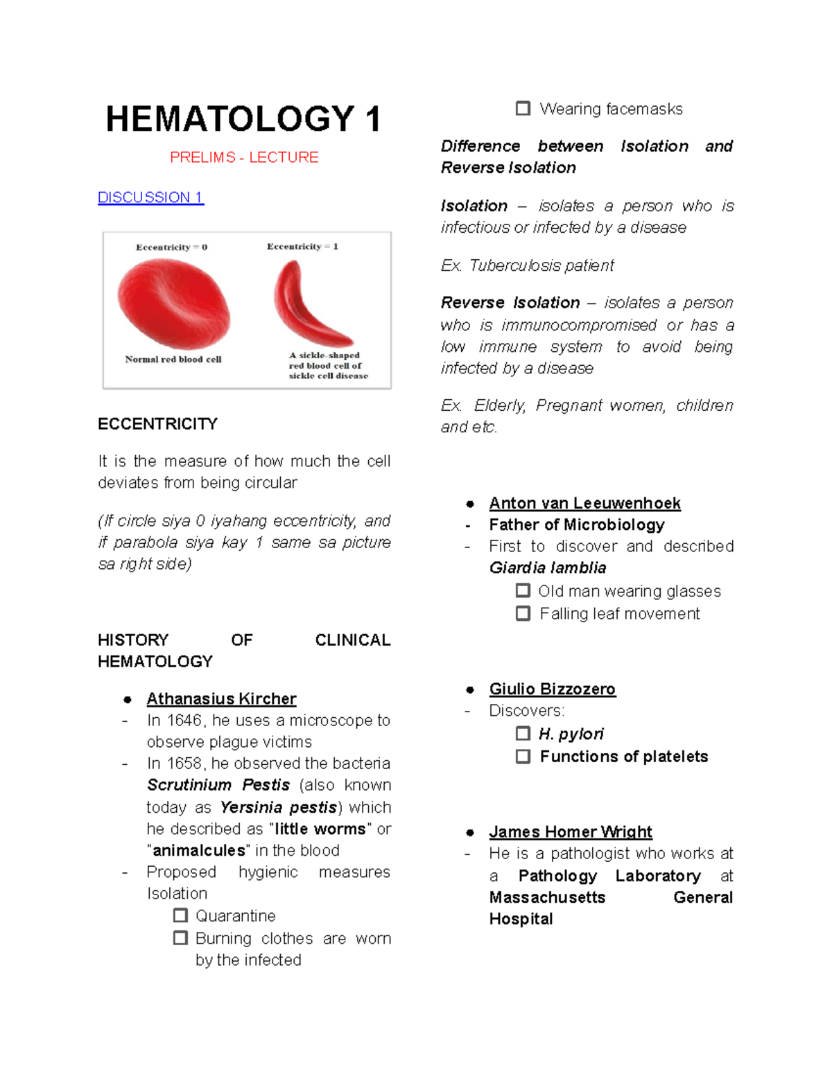 MT Mancha Hematology-1 - HEMATOLOGY 1 PRELIMS - LECTURE DISCUSSION 1 ...