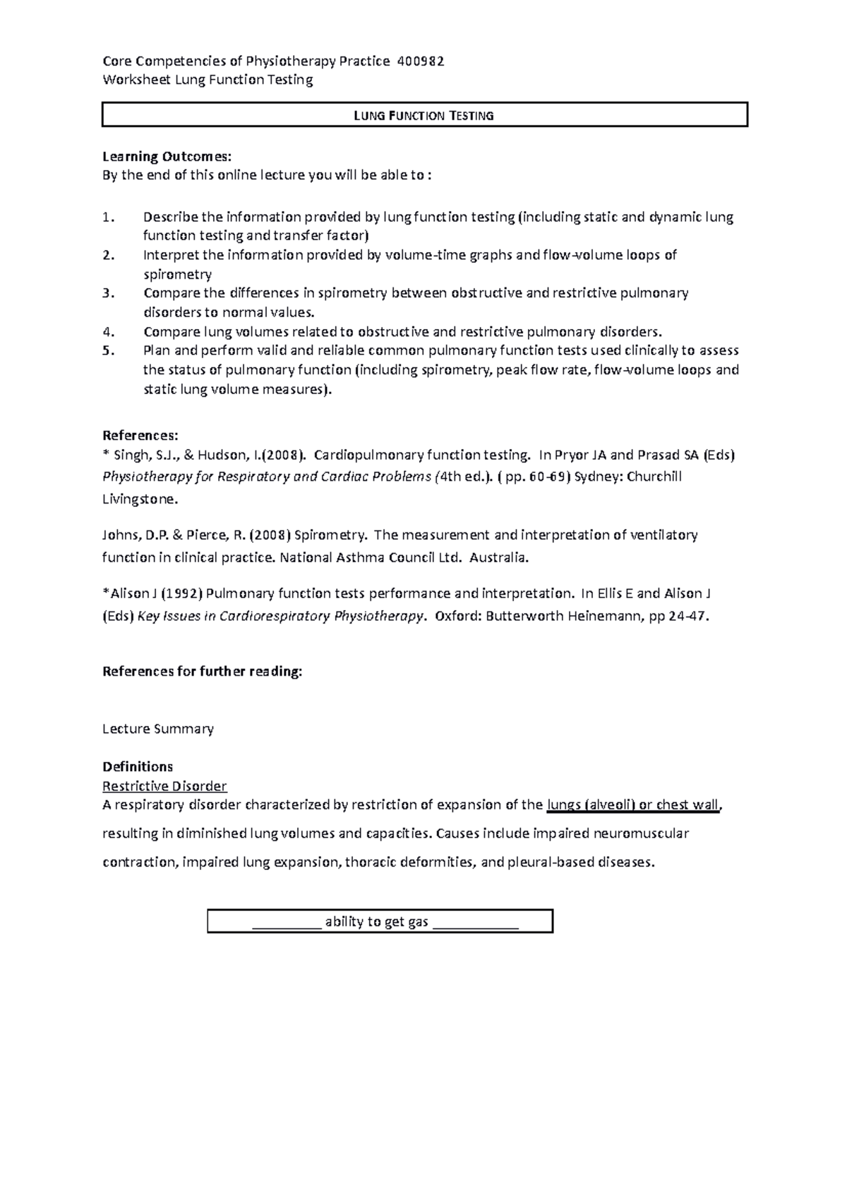 Lung Function Testing Worksheet Online Module 2016 - Worksheet Lung ...