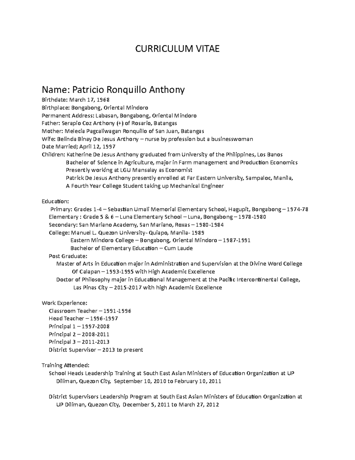 Curriculum- Vitae - Check it out now! - CURRICULUM VITAE Name: Patricio ...