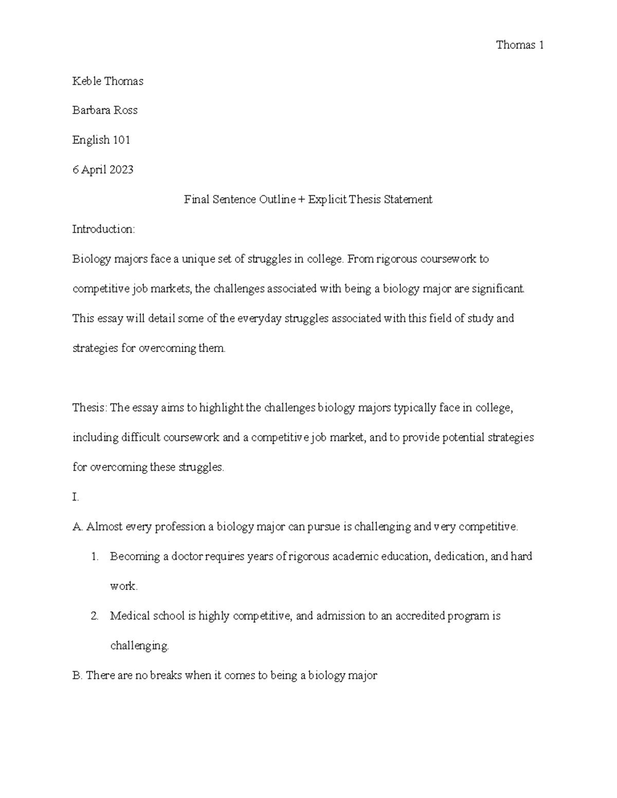 Final Sentence Outline Explicit Thesis Statement Turn Innnn Keble
