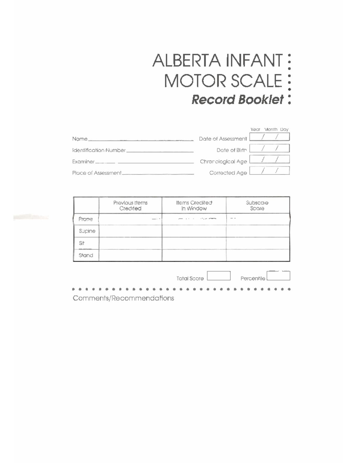 Alberta Infant Motor Scale Records - Diagnostico Fisioterapeutico - Studocu