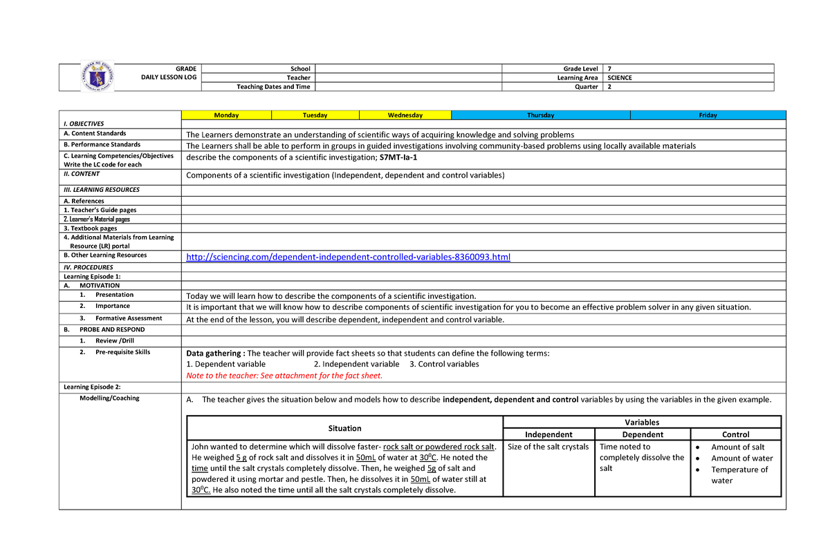 Science 7 Week 1 - Scientific method - GRADE DAILY LESSON LOG School ...