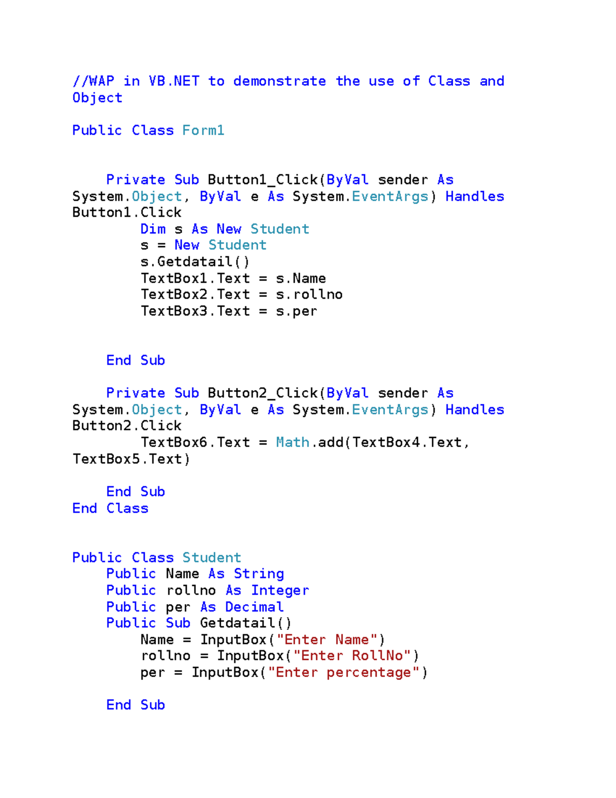 Class and Object - //WAP in VB to demonstrate the use of Class and ...