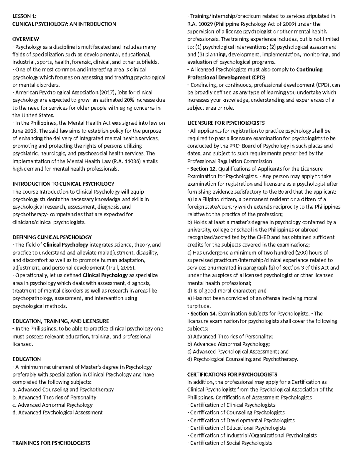 Lesson 1 Clinical Psychology - LESSON 1: CLINICAL PSYCHOLOGY: AN ...