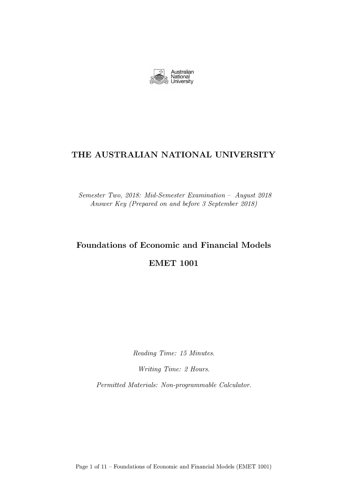 Problem Set 6 Answers - THE AUSTRALIAN NATIONAL UNIVERSITY Semester Two ...