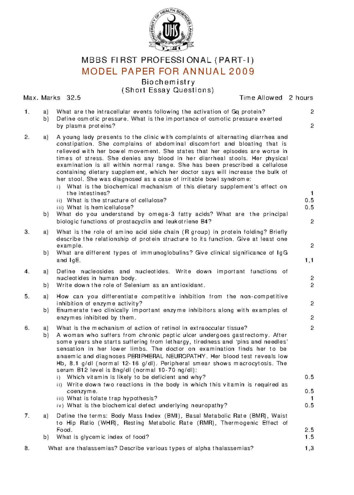 Biochemistry I SEQ - Past papers - MBBS FIRST PROFESSIONAL (PART-I ...