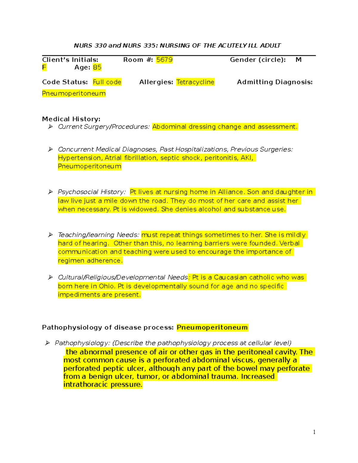1013 clinical documentation - NURS 330 and NURS 335: NURSING OF THE ...