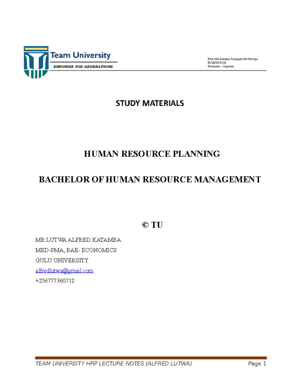 HRP Notes Preparation - STUDY MATERIALS HUMAN RESOURCE PLANNING ...