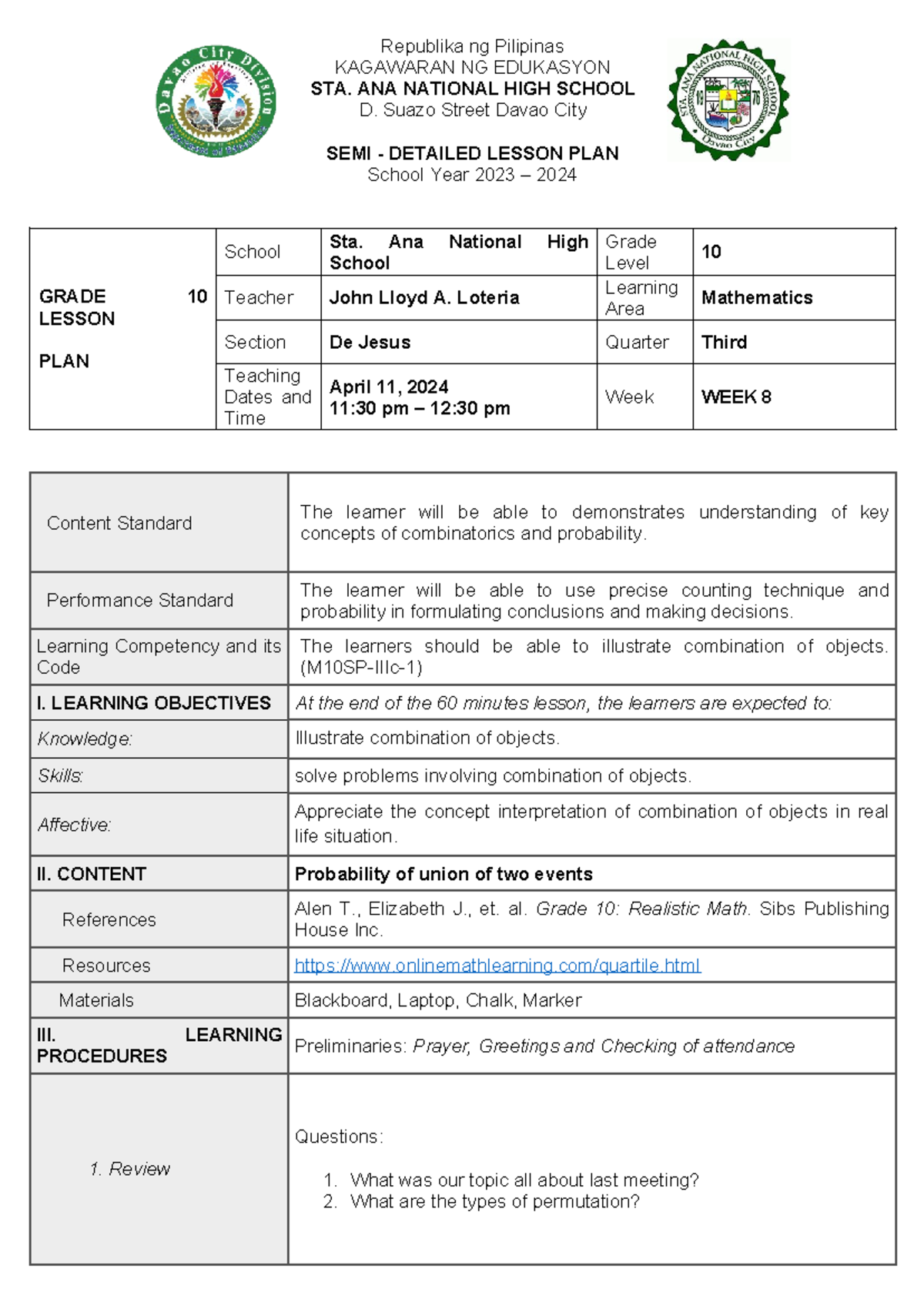 Combination of objects lesson plan grade 10 - Republika ng Pilipinas ...
