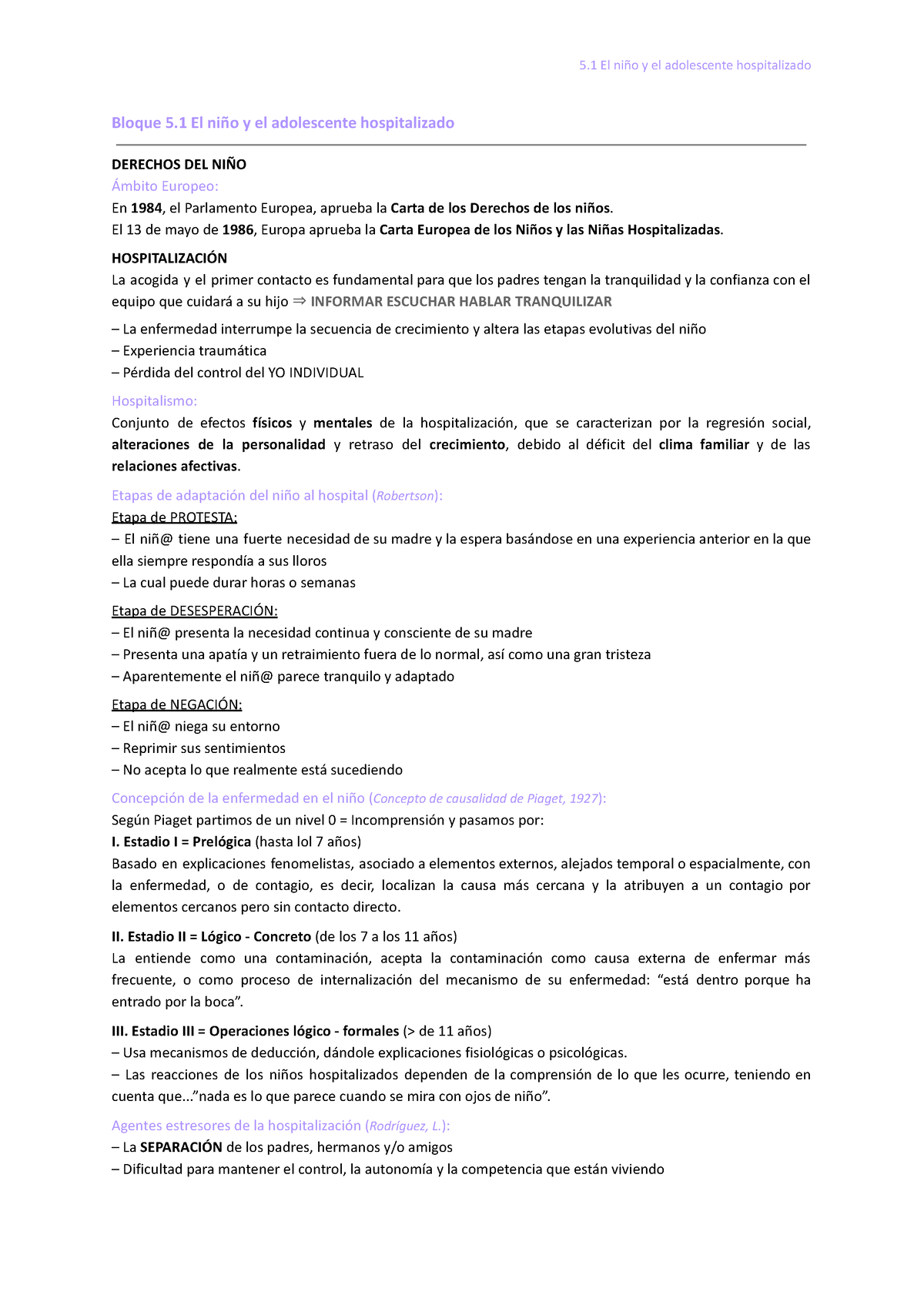 5.1 El ni o y el adolescente hospitalizado Bloque 5 El ni o y el