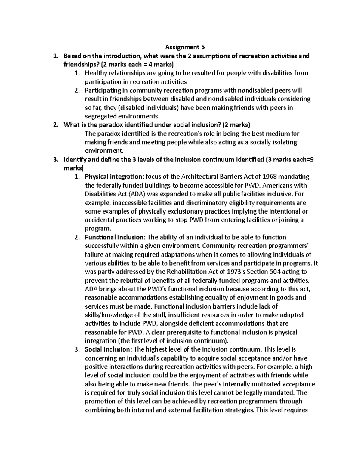 Assignment 5 - Inclusion and friendship questions and discussion ...