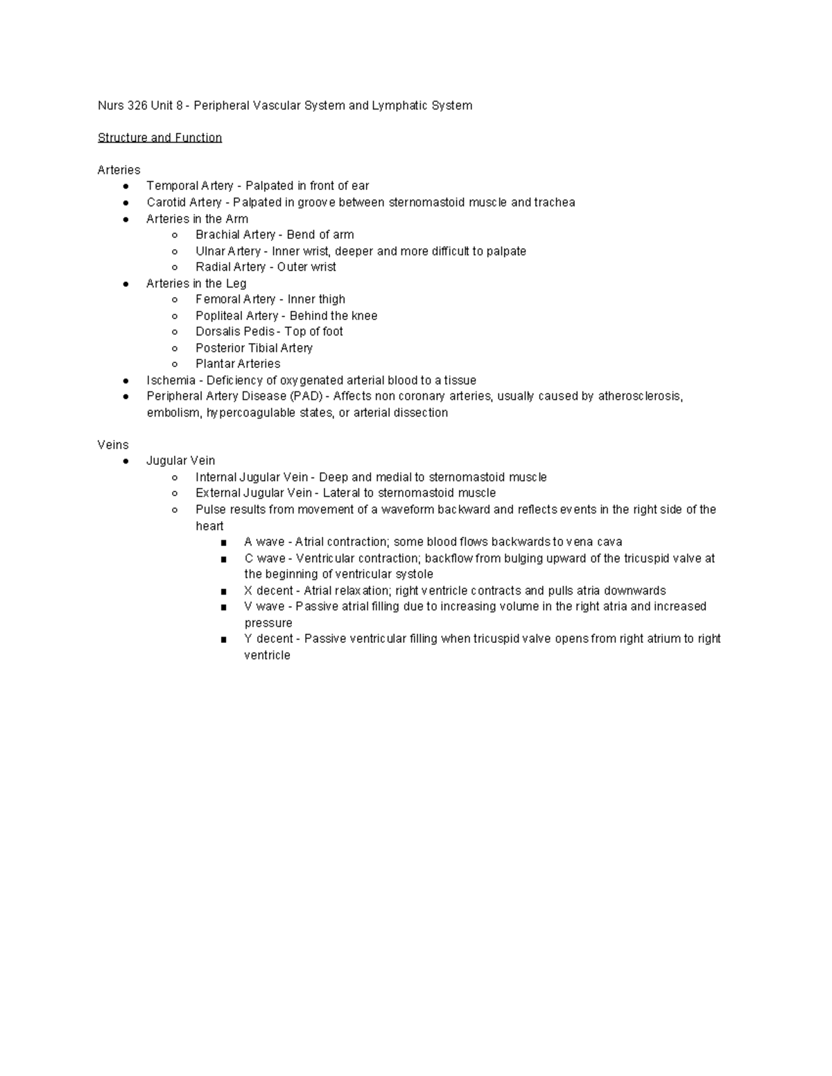 Nurs 326 Unit 8 - Peripheral Vascular System and Lymphatic System ...