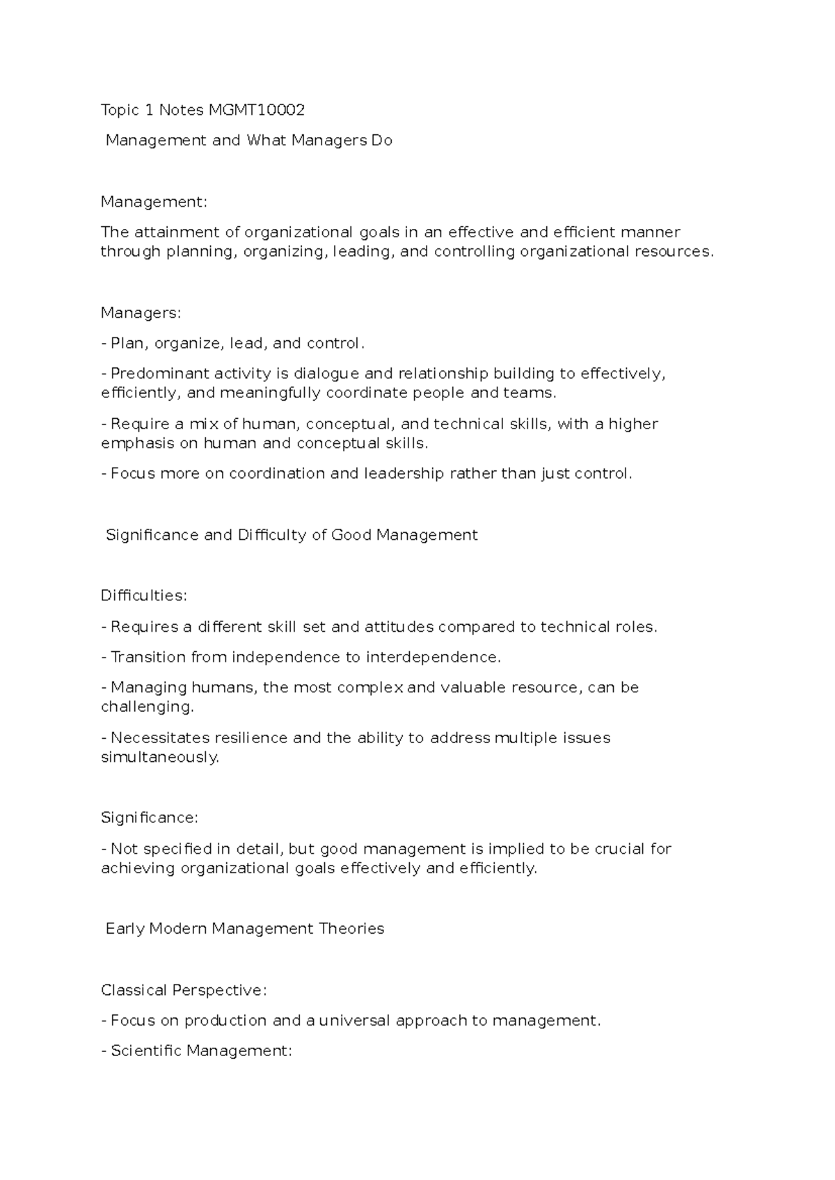Topic 1 Notes MGMT10002 - Topic 1 Notes MGMT Management and What ...