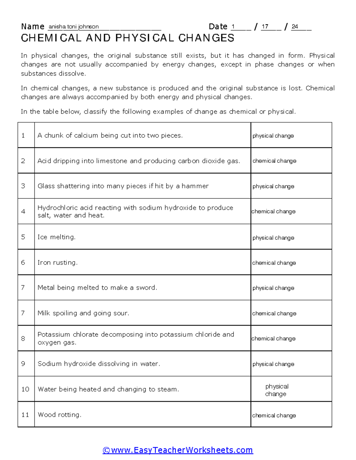 Substances Changes - Name                        Date 