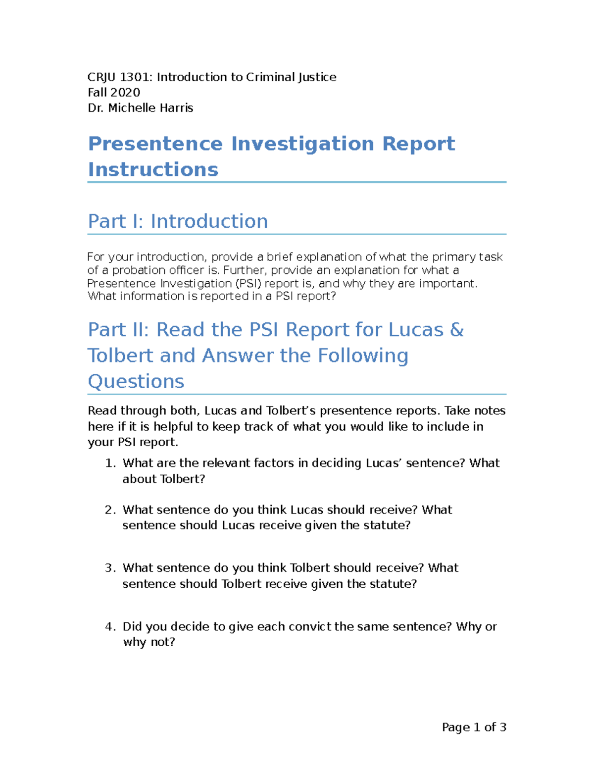 PSI project instructions final CRJU 1301 Introduction to Criminal