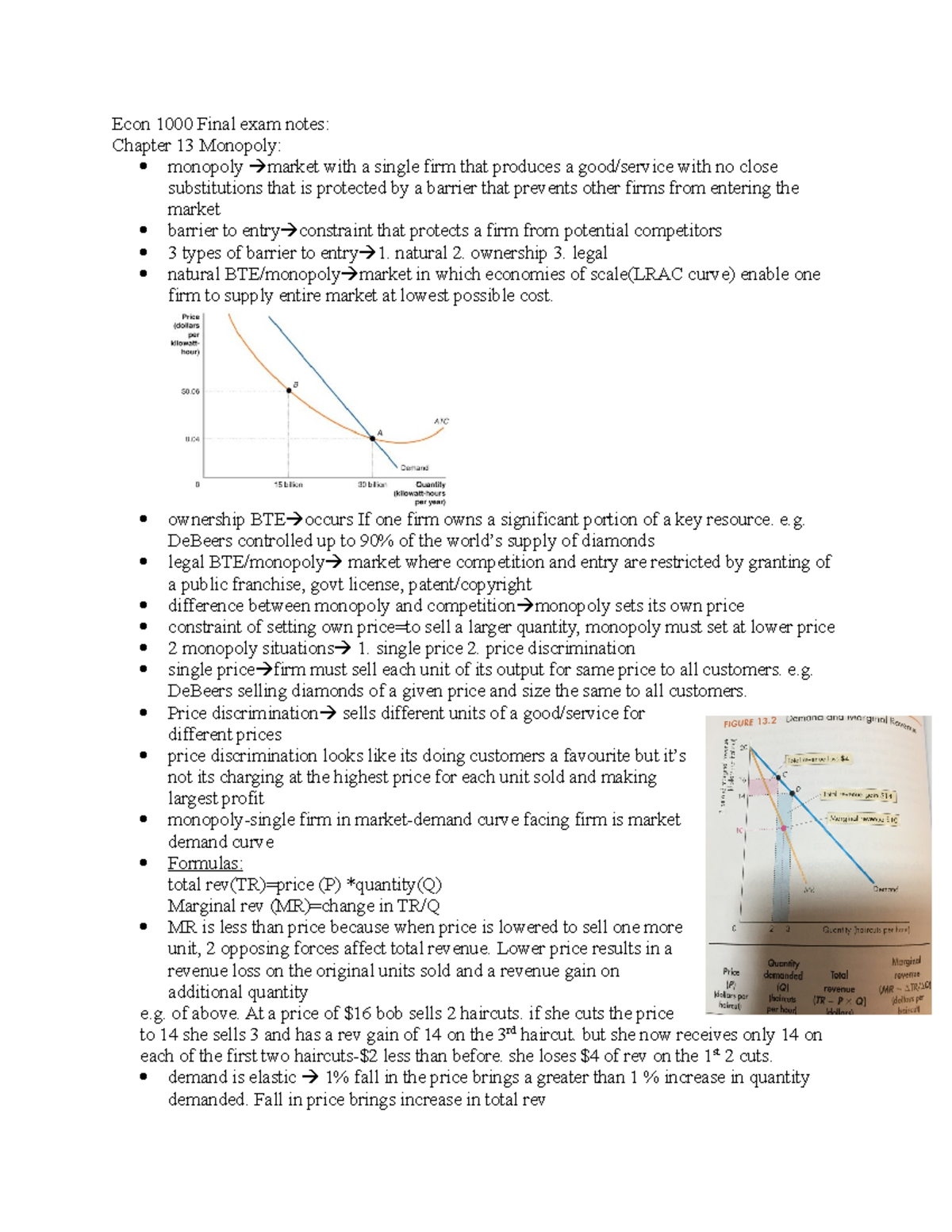 Econ 1000 Final exam notes - Econ Final exam notes: Chapter 13 Monopoly ...